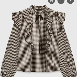 Zara Women's Checkered Ruffle Tie Blouse